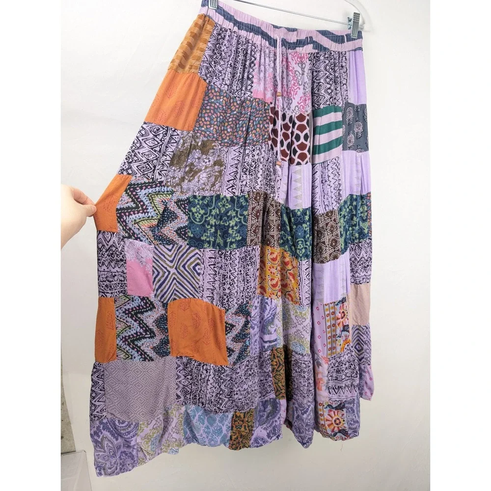 Boho Patchwork Maxi Skirt Purple Cottagecore Prairie Hipie Eclectic Peasant Y2K